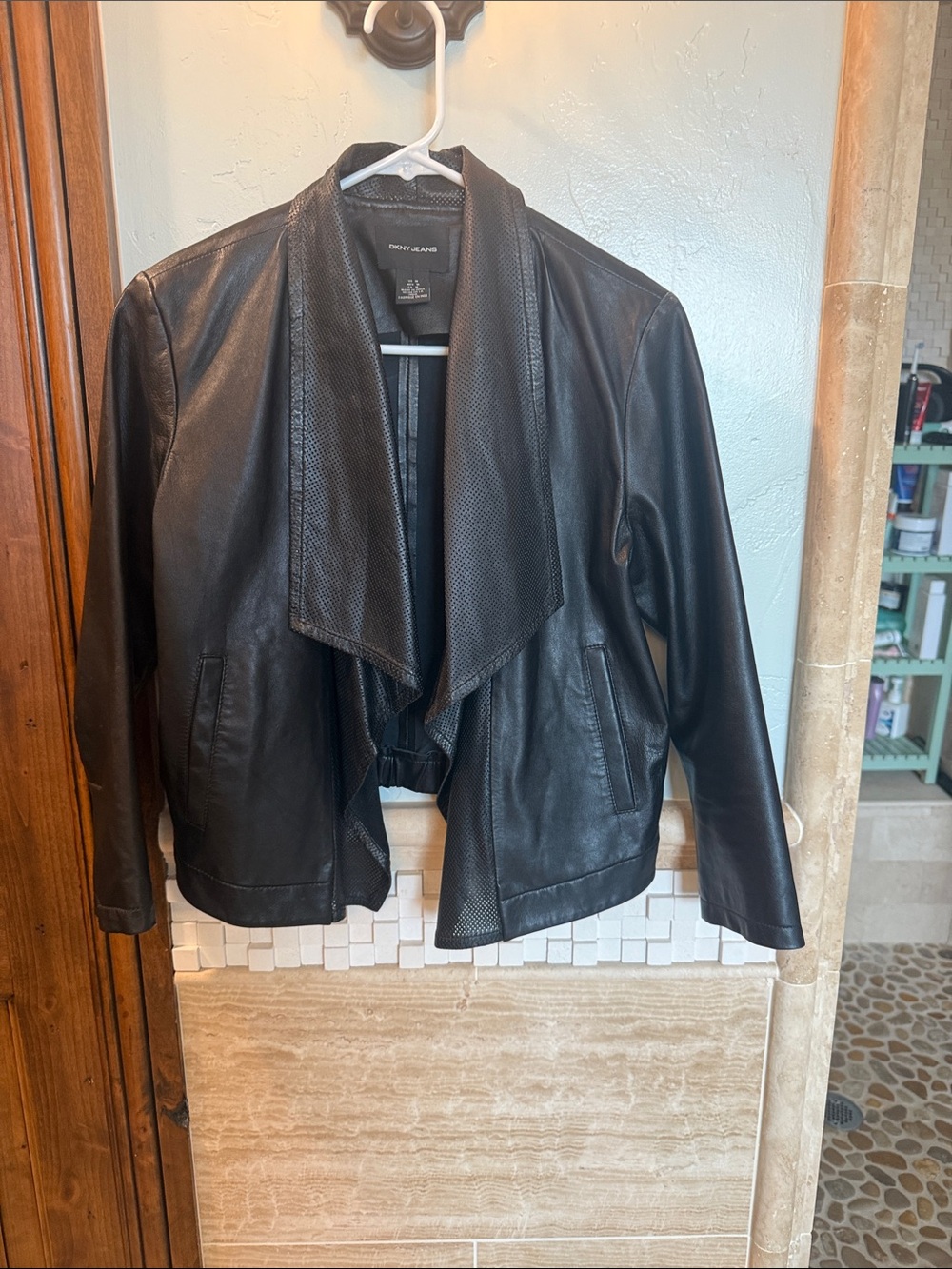 DKNY Black Leather Draped Waterfall Jacket